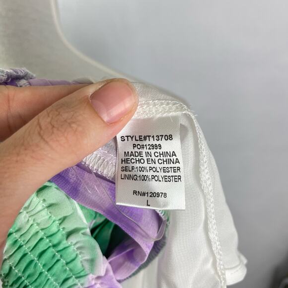 Entro | NWT Boutique Green & Purple Tie Dye Off the Shoulder Pleated Layered Top - Picture 9 of 10